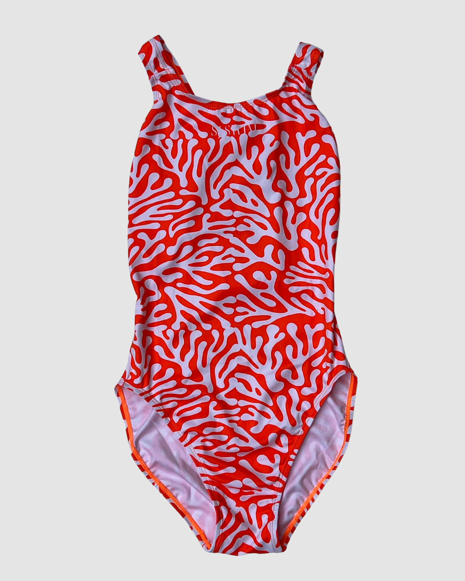 Coral sustainable womens one piece swimsuit with a vibrant coral pattern for stylish beachwear
