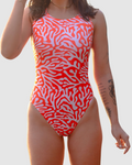 Salty Johnson AU sustainable womens one piece swimsuit with vibrant coral print for stylish beachwear