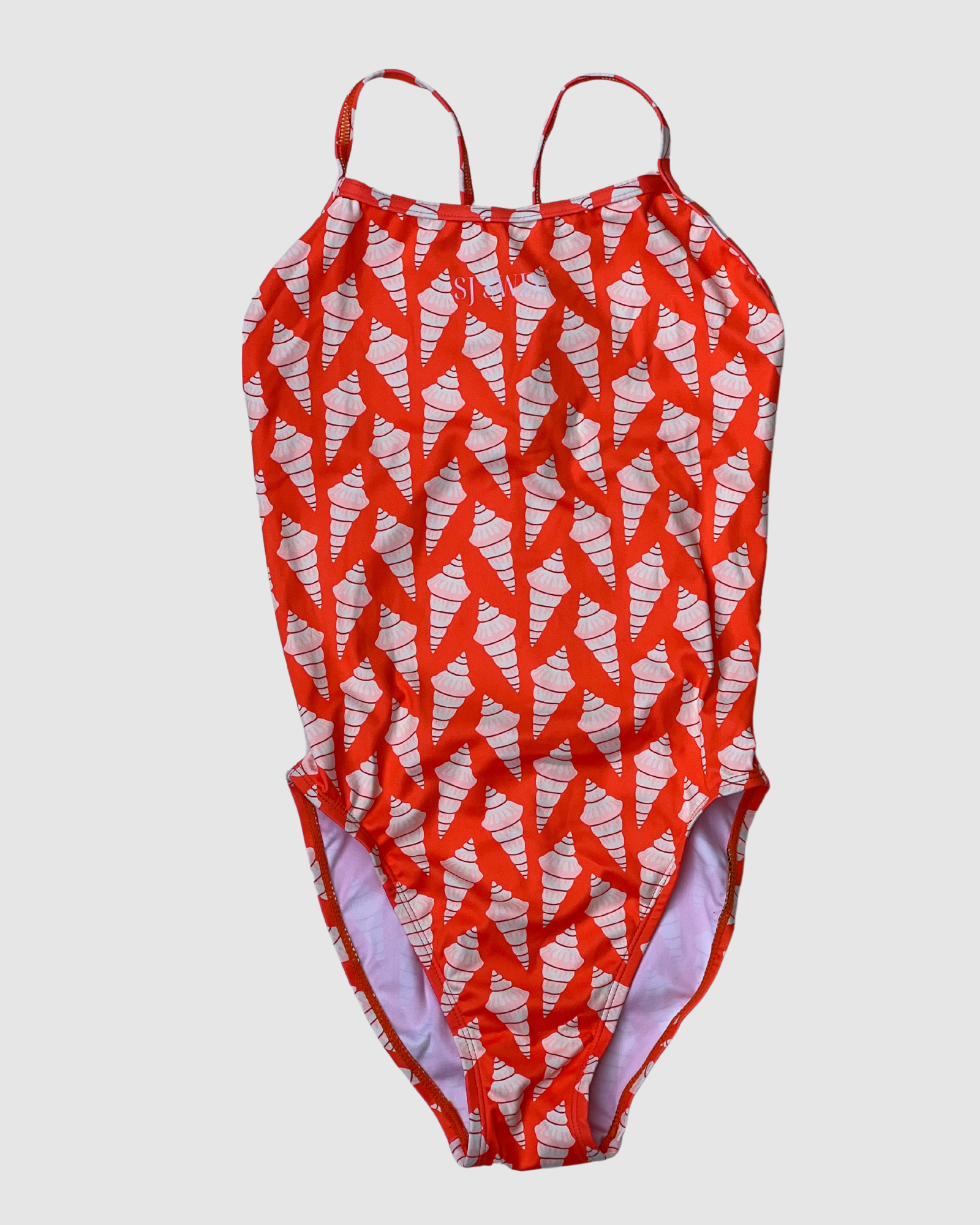 Sea Shells sustainable womens one piece swimsuit in vibrant red with unique pattern
