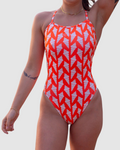 Salty Johnson AU Sustainable womens one piece swimsuit in vibrant red pattern for eco-conscious swimmers