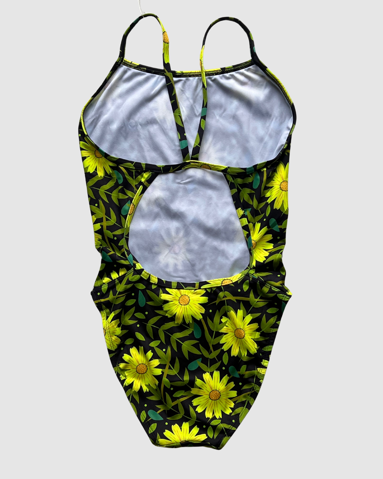 Sustainable womens one piece swimsuit with bright yellow floral pattern for eco-friendly beachwear