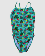 Salty Johnson AU women's swimsuit featuring a vibrant flamingo and tropical leaf print