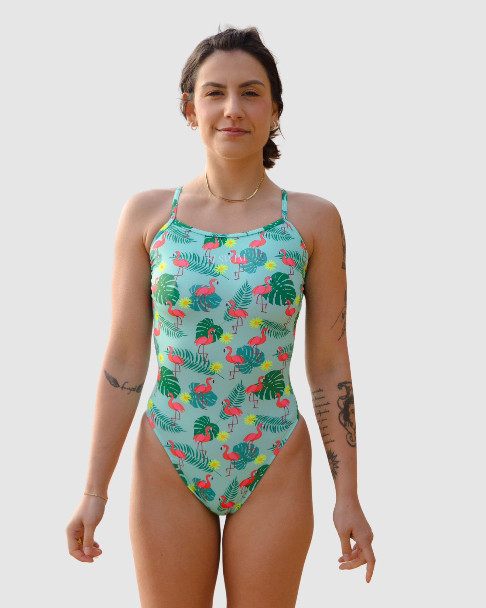 Flamingos print one-piece swimsuit, chlorine resistant recycled fabric, Salty Johnson