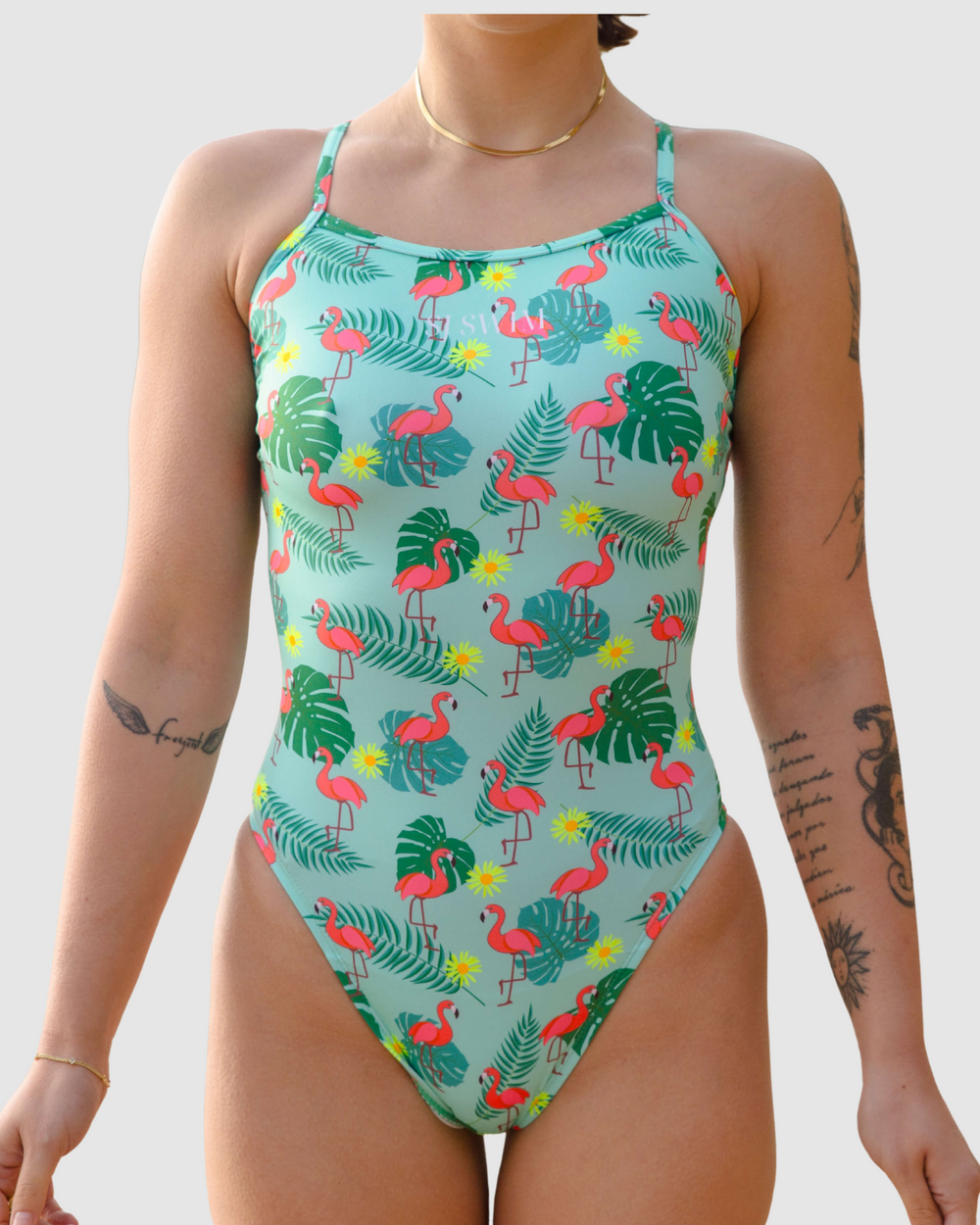 Flamingos print womens one-piece swimsuit in recycled REPREVE fabric, Salty Johnson