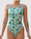 Flamingos print womens one-piece swimsuit in recycled REPREVE fabric, Salty Johnson
