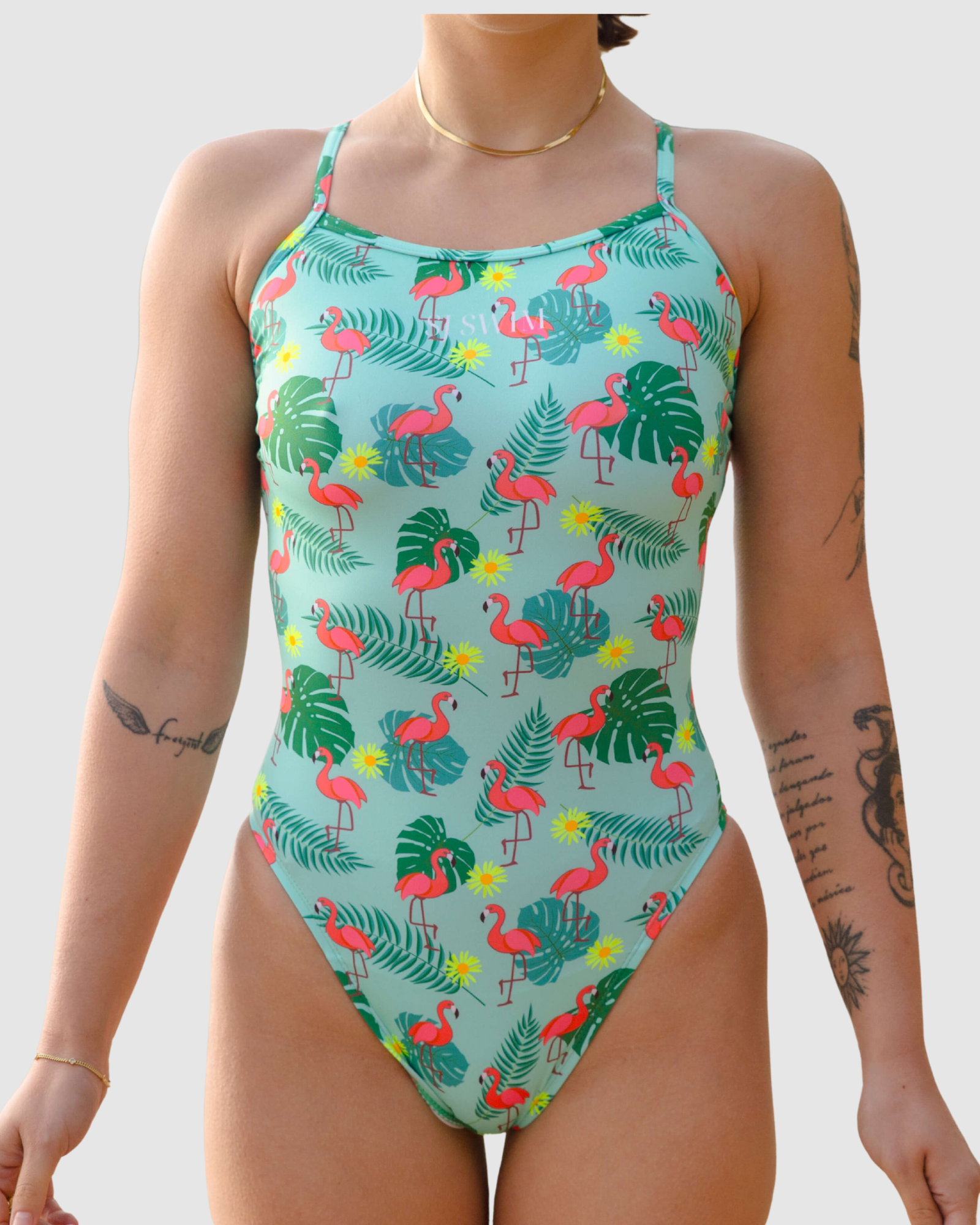 Flamingos print womens one-piece swimsuit in recycled REPREVE fabric, Salty Johnson