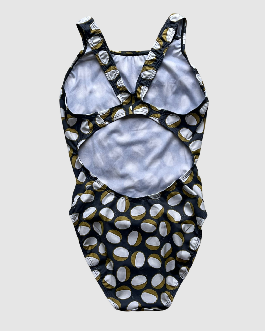 Salty Johnson AU Women's Swimsuit in navy with a playful pattern featuring golden football shapes