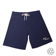Salty Johnson sustainable mens board shorts in navy blue with white drawstring and logo