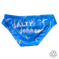 Salty Johnson AU sustainable mens swim briefs in blue with colorful print for eco-friendly swimming