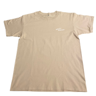 Salty Johnson Sustainable Mens T-Shirt in beige, featuring a minimalist logo design