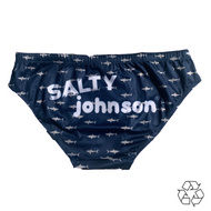 Salty Johnson AU sustainable mens swim briefs with shark pattern in navy blue